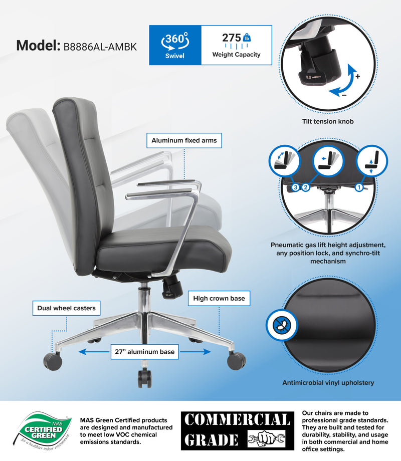Boss Modern Conference Chair with Aluminum Arm & Base - B8886AL-AMBK