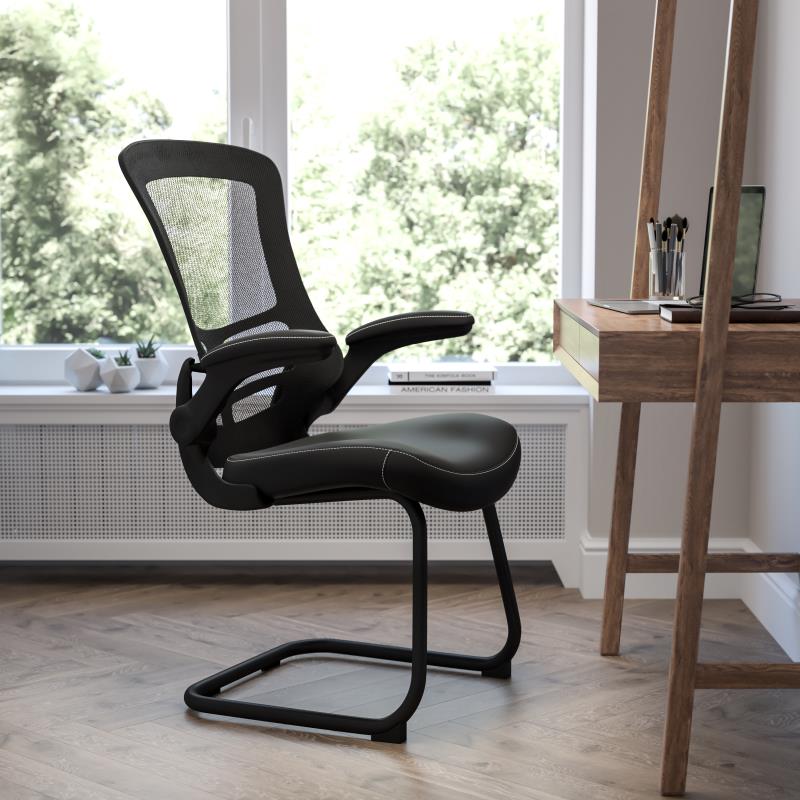Kelista Black Mesh Sled Base Side Reception Chair with White Stitched LeatherSoft or Fabric Seat and Flip-Up Arms