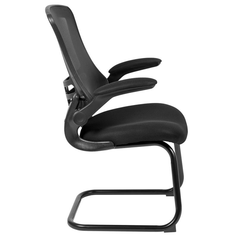 Kelista Black Mesh Sled Base Side Reception Chair with White Stitched LeatherSoft or Fabric Seat and Flip-Up Arms
