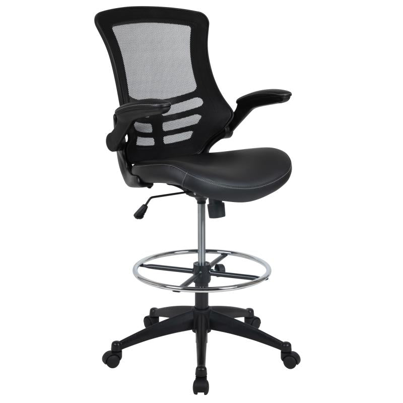 Kelista Mid-Back Black Mesh Ergonomic Drafting Chair with LeatherSoft Seat, Adjustable Foot Ring and Flip-Up Arms