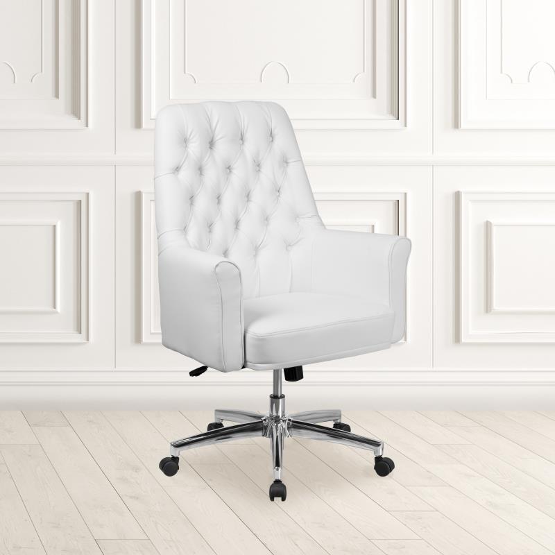 Hansel Mid-Back Traditional Tufted White LeatherSoft Executive Swivel Office Chair with Arms