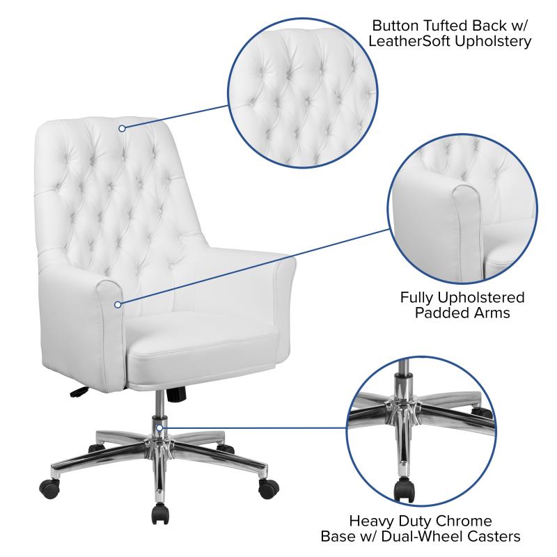 Hansel Mid-Back Traditional Tufted White LeatherSoft Executive Swivel Office Chair with Arms