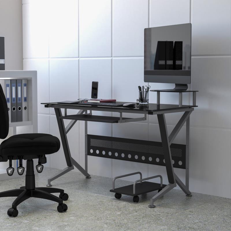 Singleton Black Glass Computer Desk with Pull-Out Keyboard Tray and CPU Cart