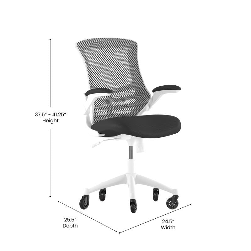 Flash Furniture Kelista Mid-Back Mesh Swivel Ergonomic with White Frame Flip-Up Arms & Transparent Roller Wheels Task Office Chair White