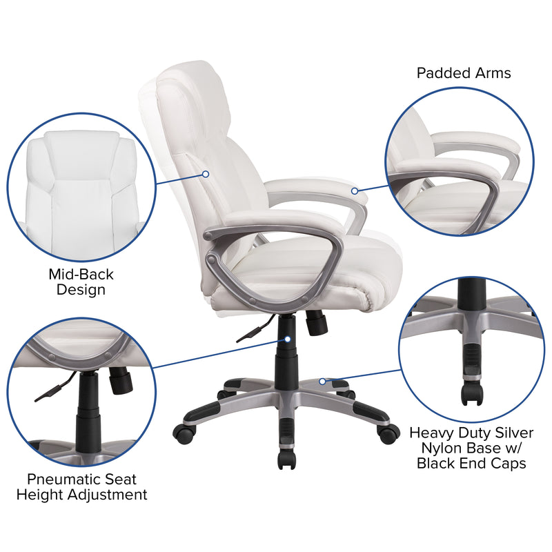 FLASH Mid-Back White Leather Executive Swivel Office Chair with Padded